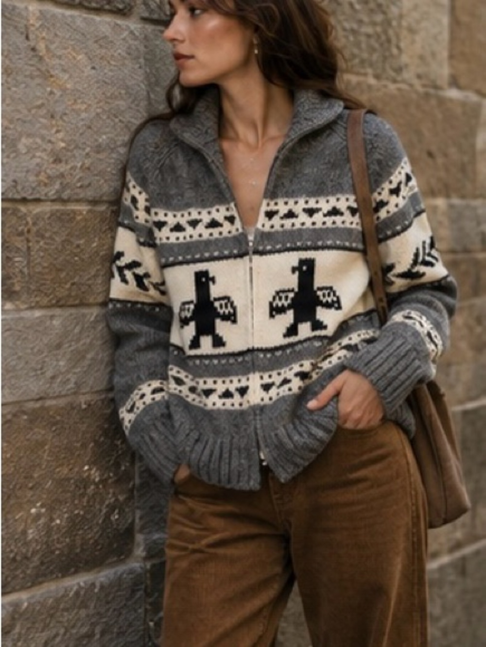TNA Sea to Sky Cowichan Style Intarsia Lambswool Shawl Collar Sweater L - Picture 15 of 16
